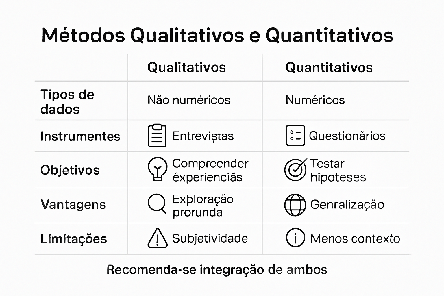 Tabela visual métodos qualitativos vs quantitativos