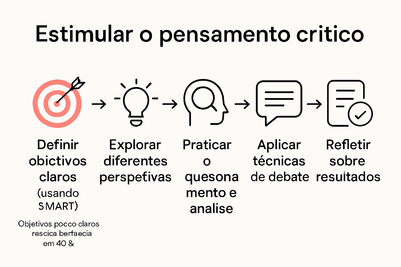Infographic illustrating five-step process for estimular o pensamento crítico