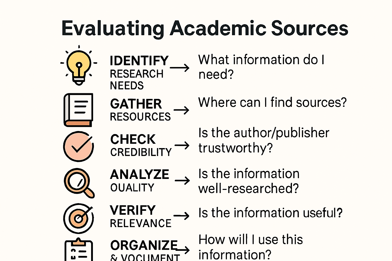 Infographic showing 6-step process to evaluate academic sources