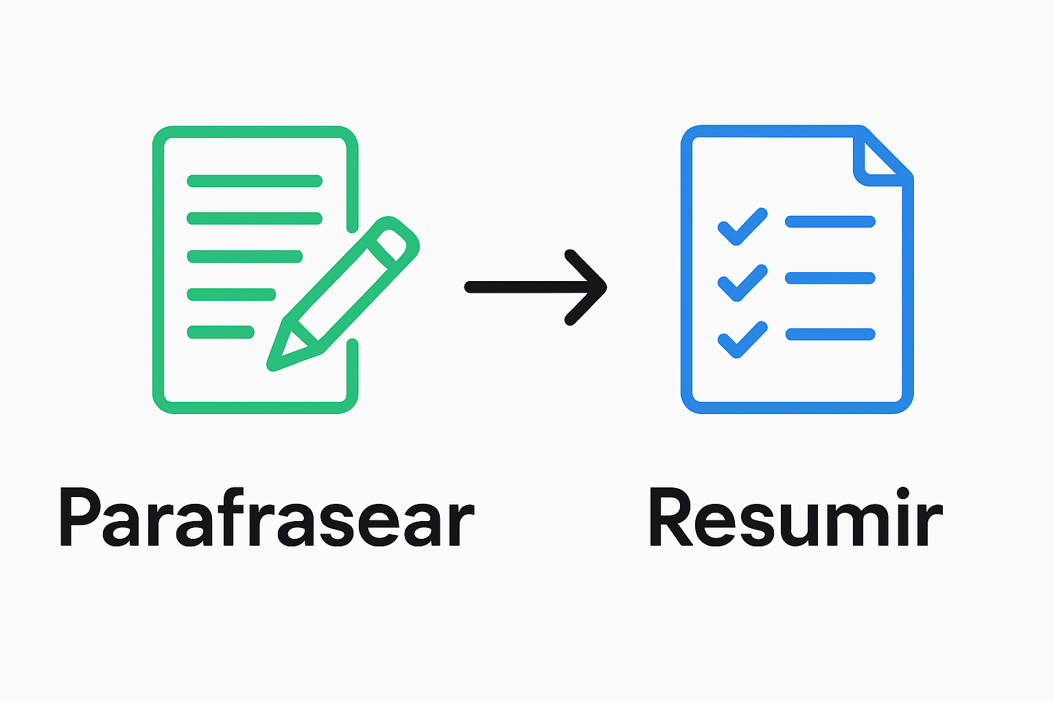Infografía comparando parafrasear y resumir con dos iconos claros