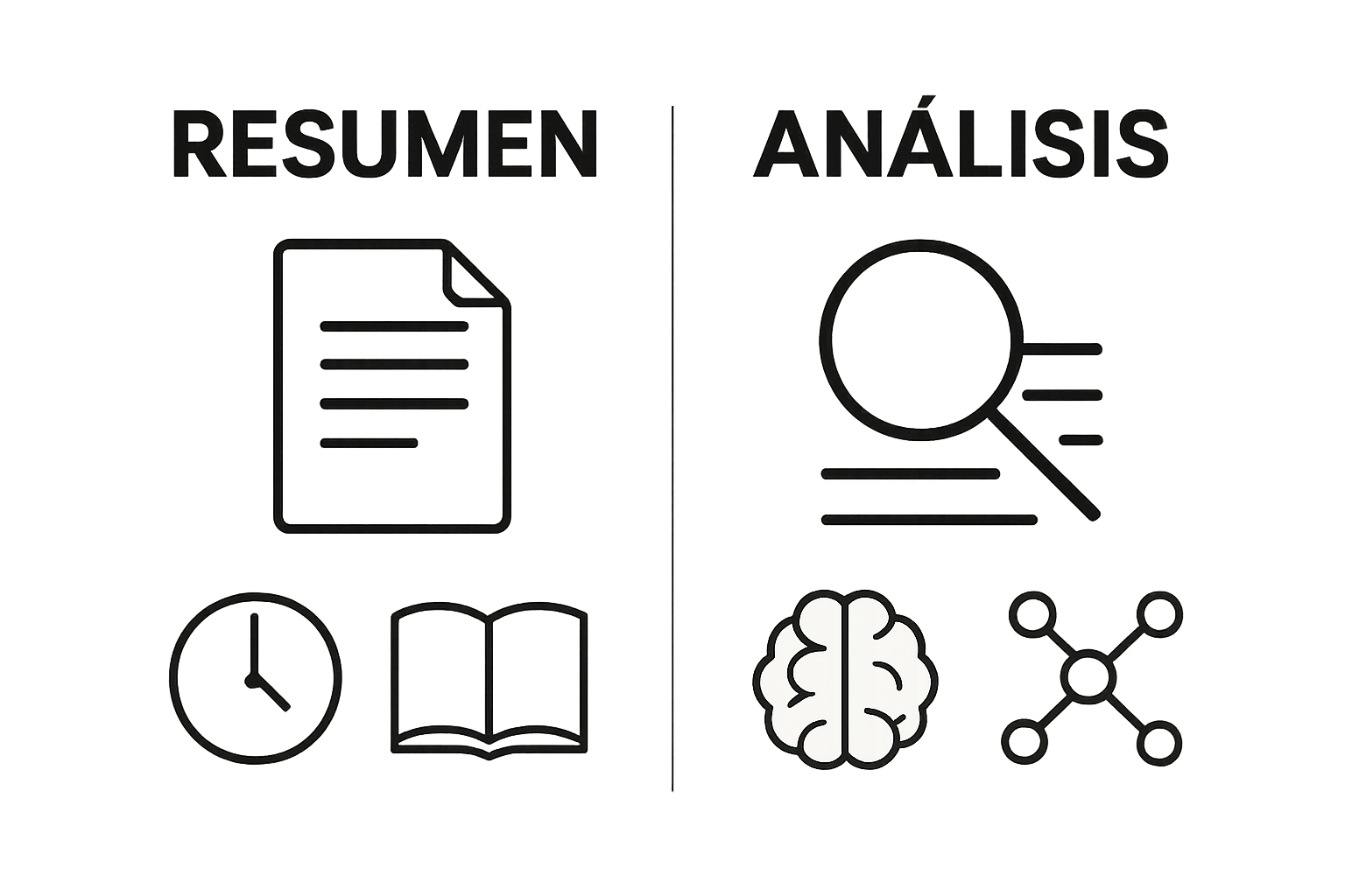 Infografía comparativa resumen vs análisis con iconos representativos