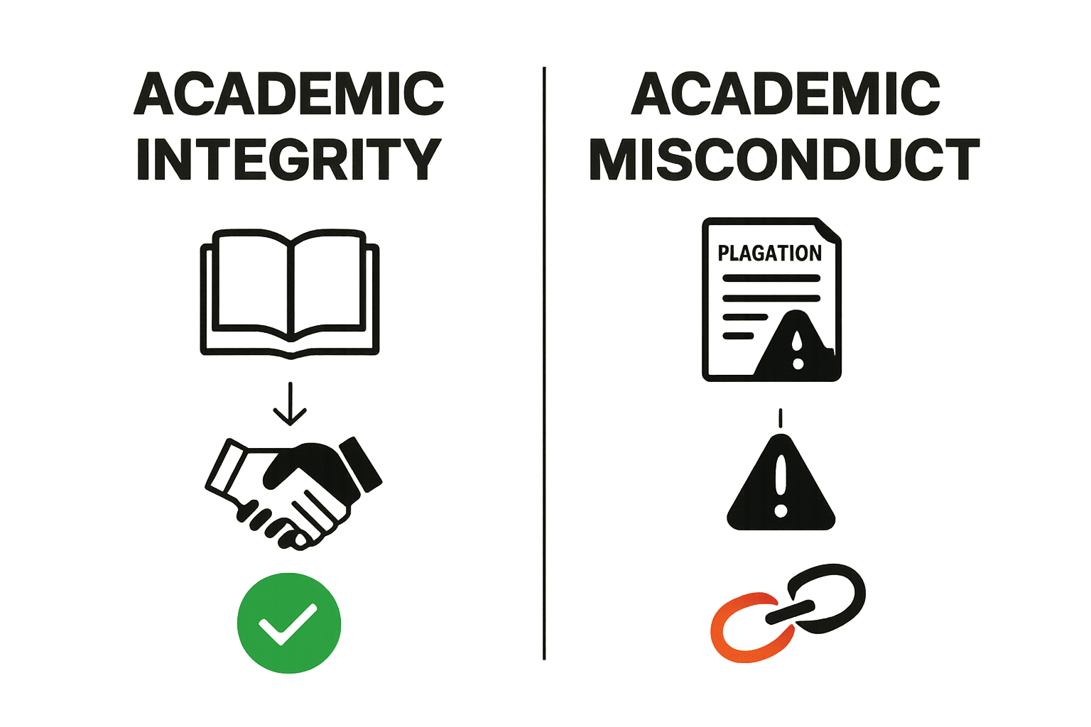 Comparison infographic showing academic integrity vs academic misconduct