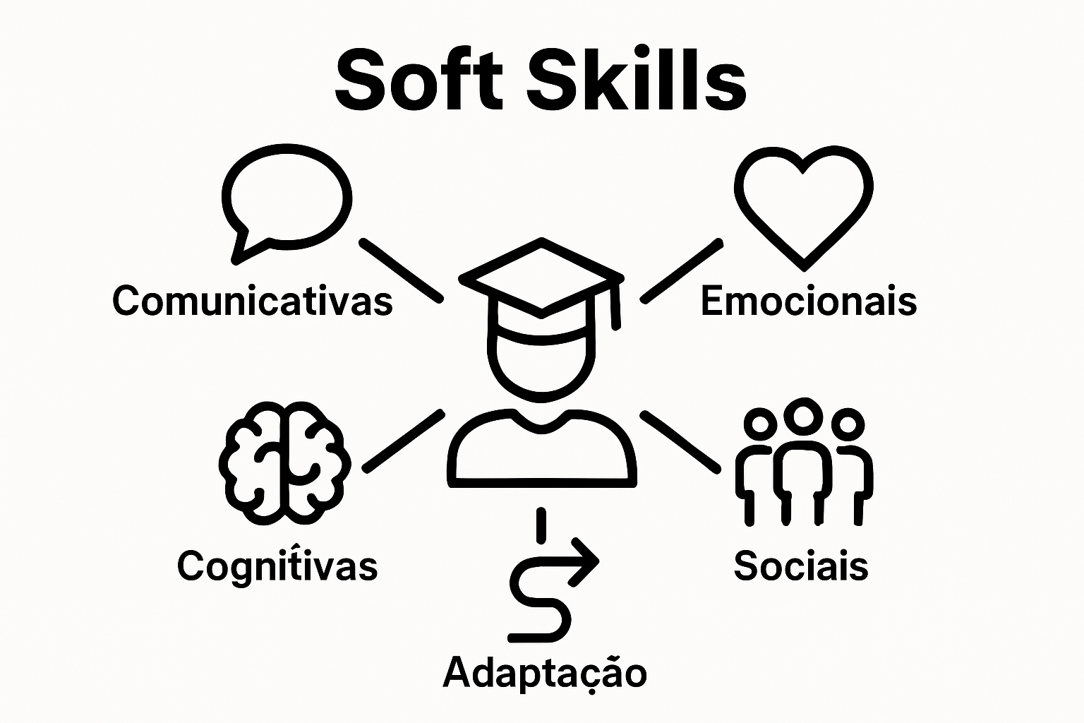 Infográfico com cinco categorias de soft skills ilustradas por ícones.