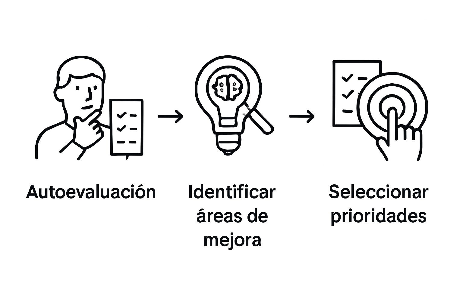 Diagrama simple con pasos: autoevaluarse, identificar mejoras y seleccionar prioridades en pensamiento crítico.
