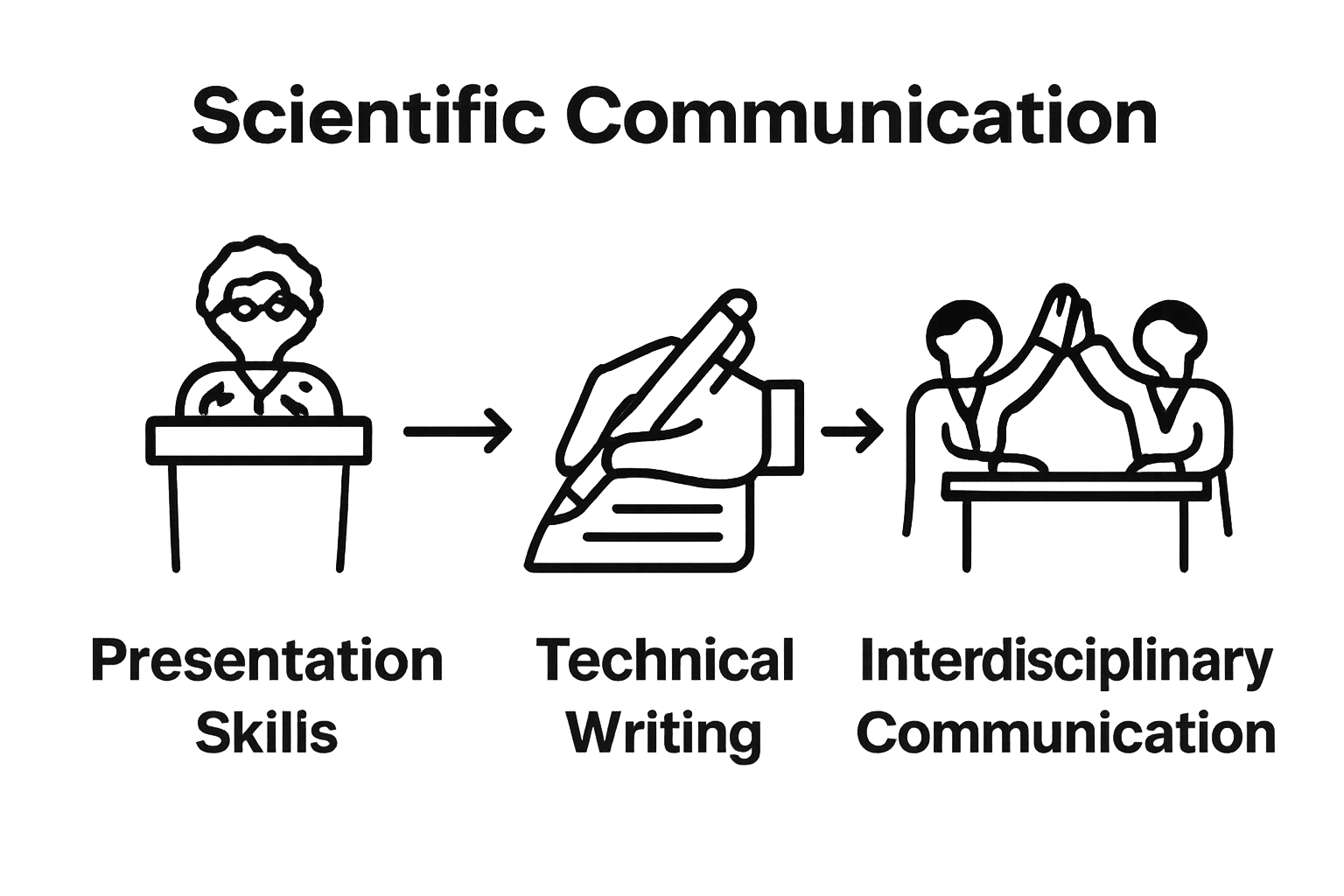 Three icons showing writing, presenting, and collaborating to illustrate communication skills