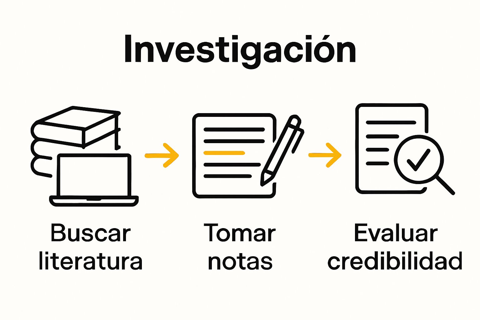 Infografía mostrando los tres pasos clave de la investigación académica