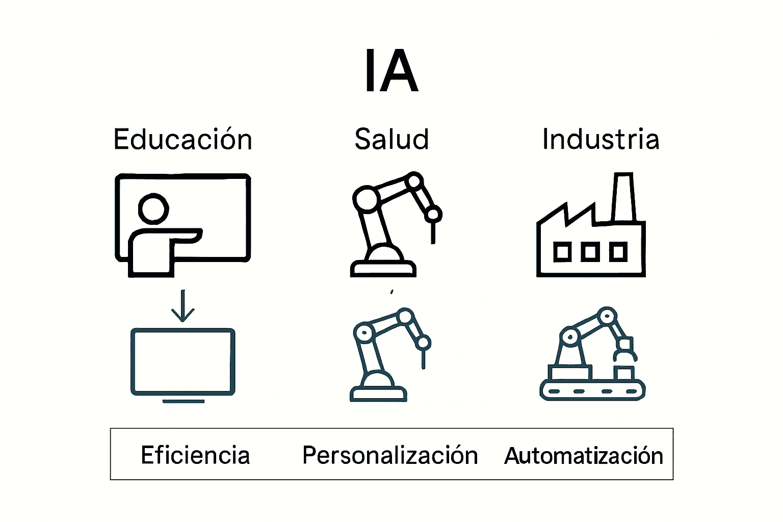 Infografía comparando aplicaciones de IA en educación, salud e industria