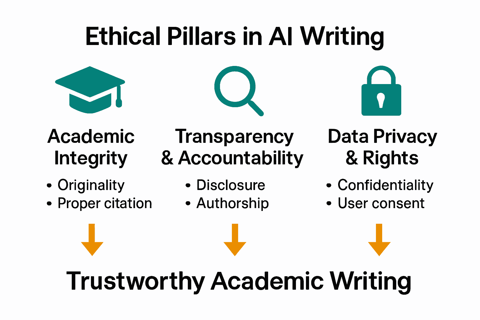 Infographic visualizing academic integrity, transparency, and privacy in ethical AI writing.