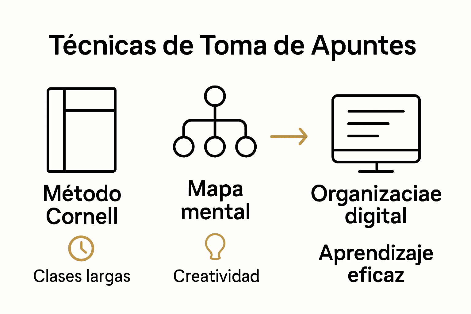 Infografía con tres técnicas de apuntes: Cornell, mapa mental y digital