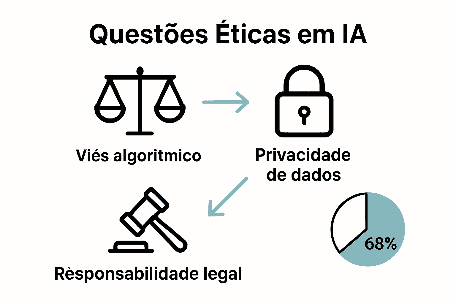 Infográfico de desafios éticos IA: viés, privacidade, responsabilidade