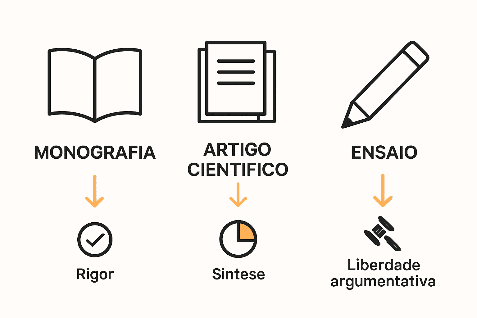 Comparação visual dos três principais tipos de textos académicos.