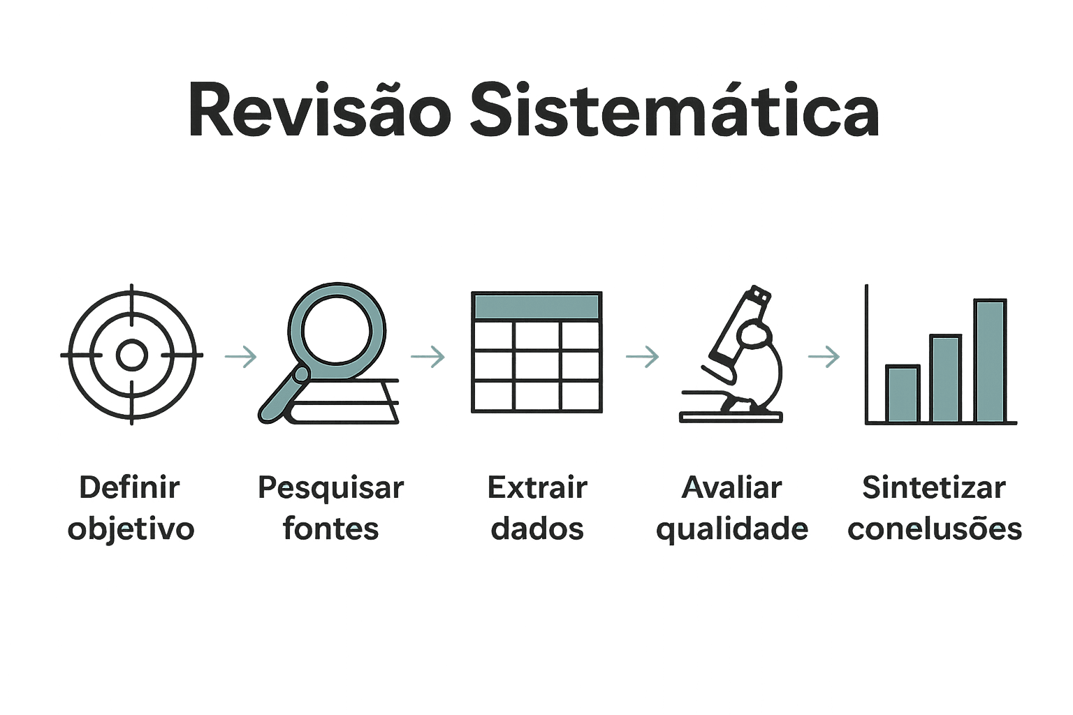 Infográfico com cinco etapas da revisão sistemática e respectivos ícones.