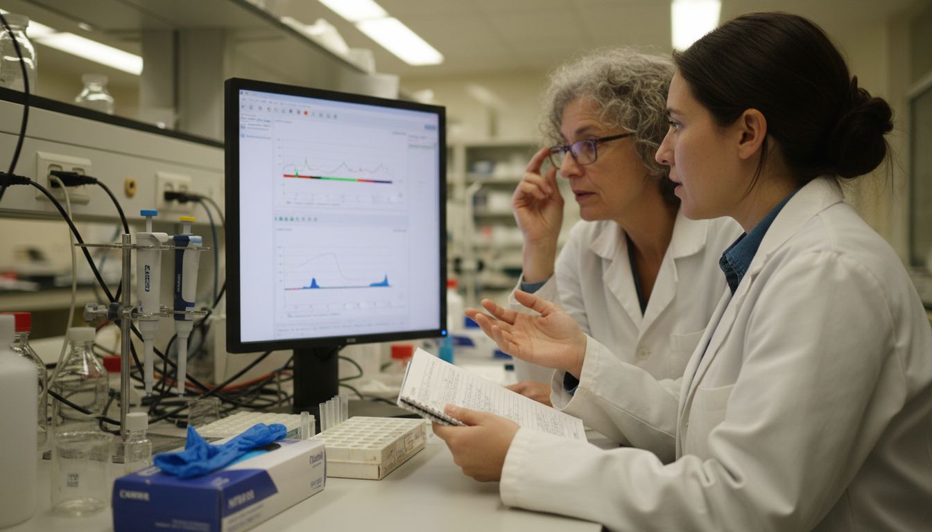 Cientistas analisam dados em bancada de laboratório