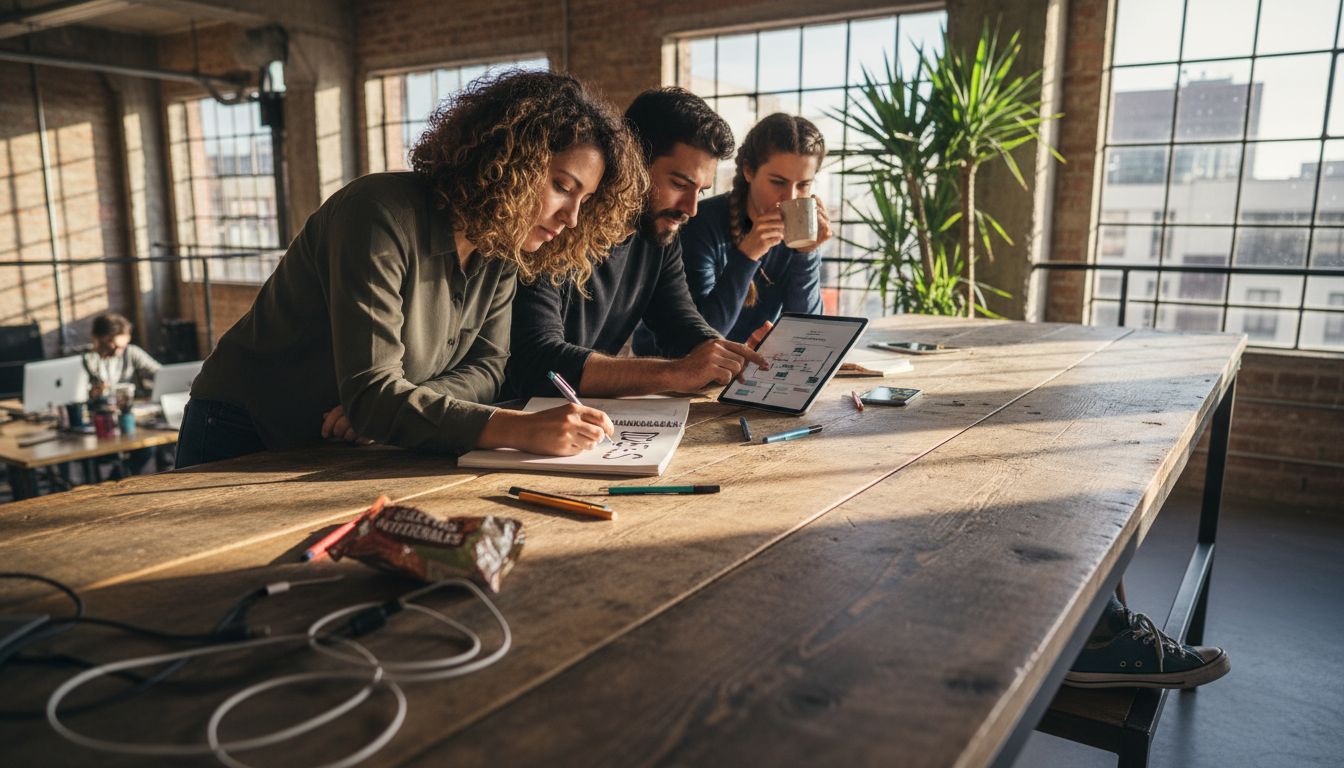 Un equipo reunido alrededor de una mesa compartiendo ideas innovadoras sobre inteligencia artificial.