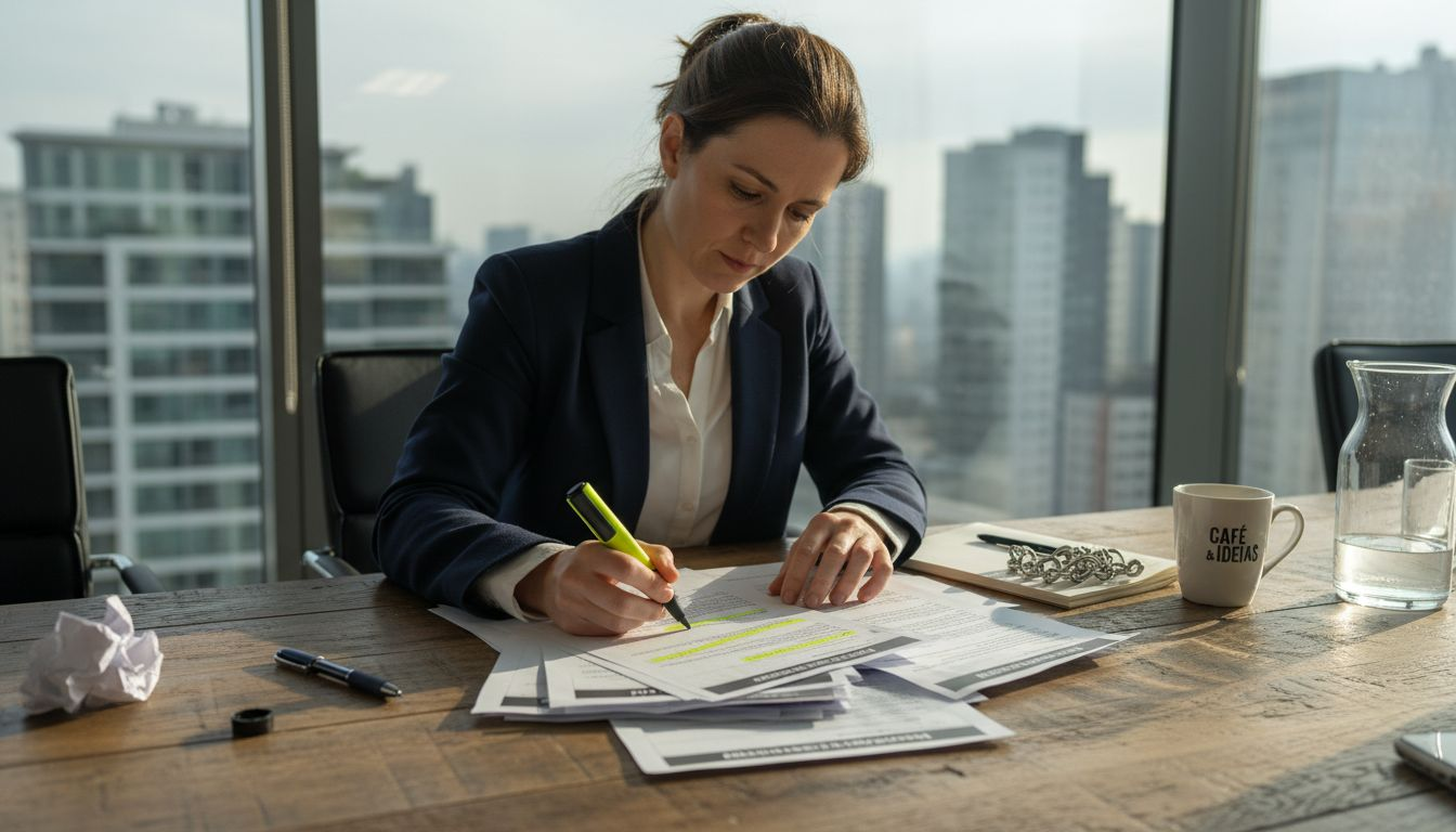 Empresária a analisar documentos sentada à mesa
