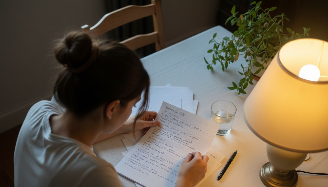 Una mujer sentada en la mesa de su casa revisa detenidamente unos documentos.