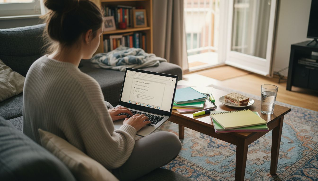 Woman outlining text on living room sofa