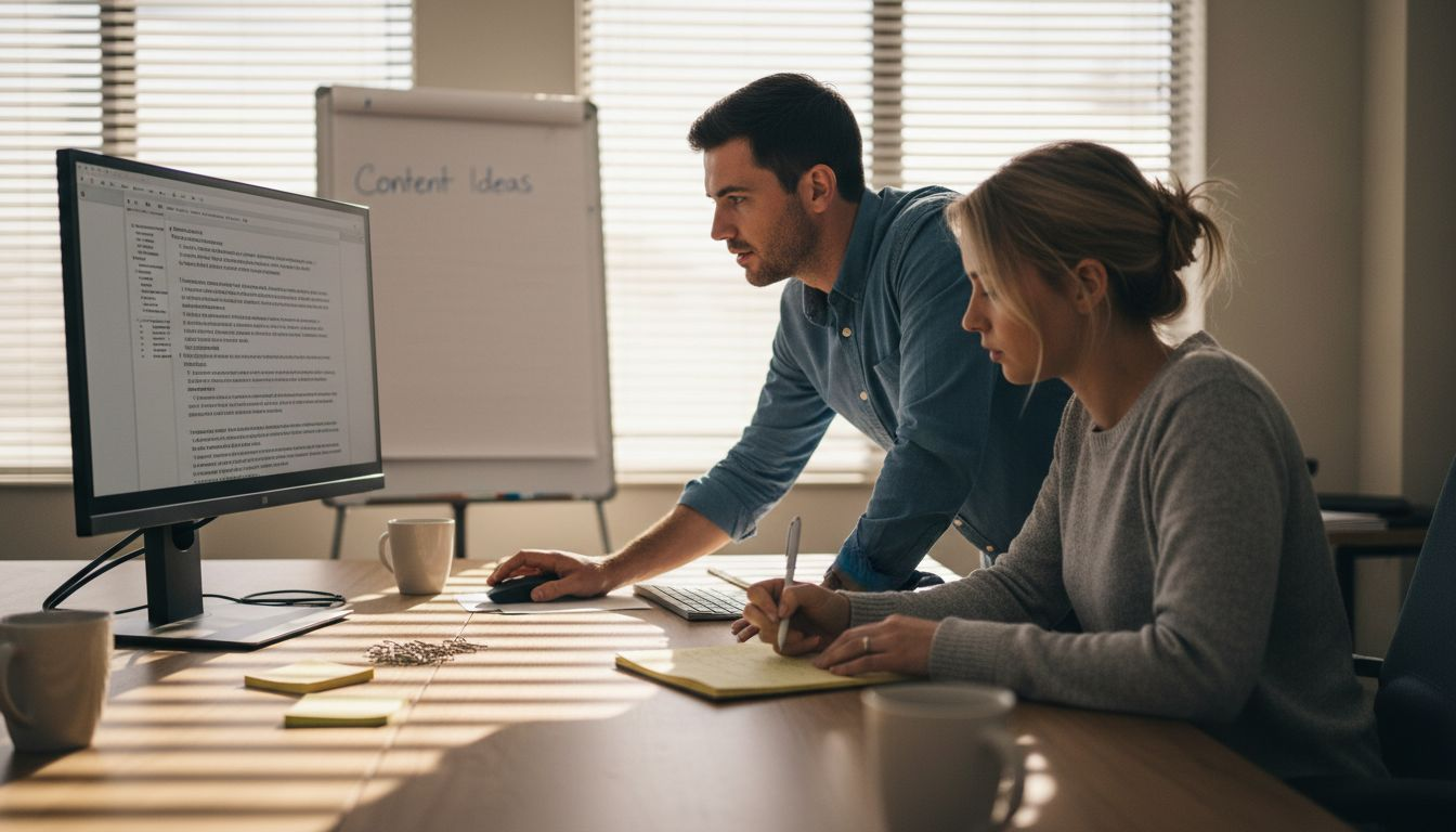 Coworkers reviewing AI-generated content drafts