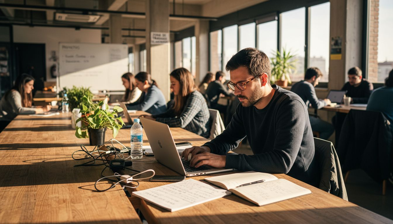 Desarrollador trabajando en algoritmos de inteligencia artificial en un espacio de coworking lleno de energía.