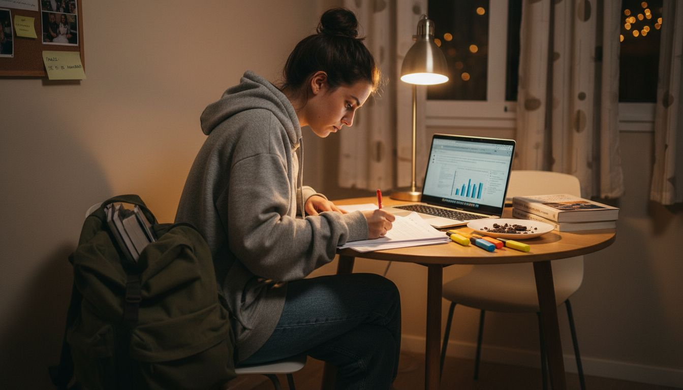 Aluno a rever e corrigir um trabalho académico em casa