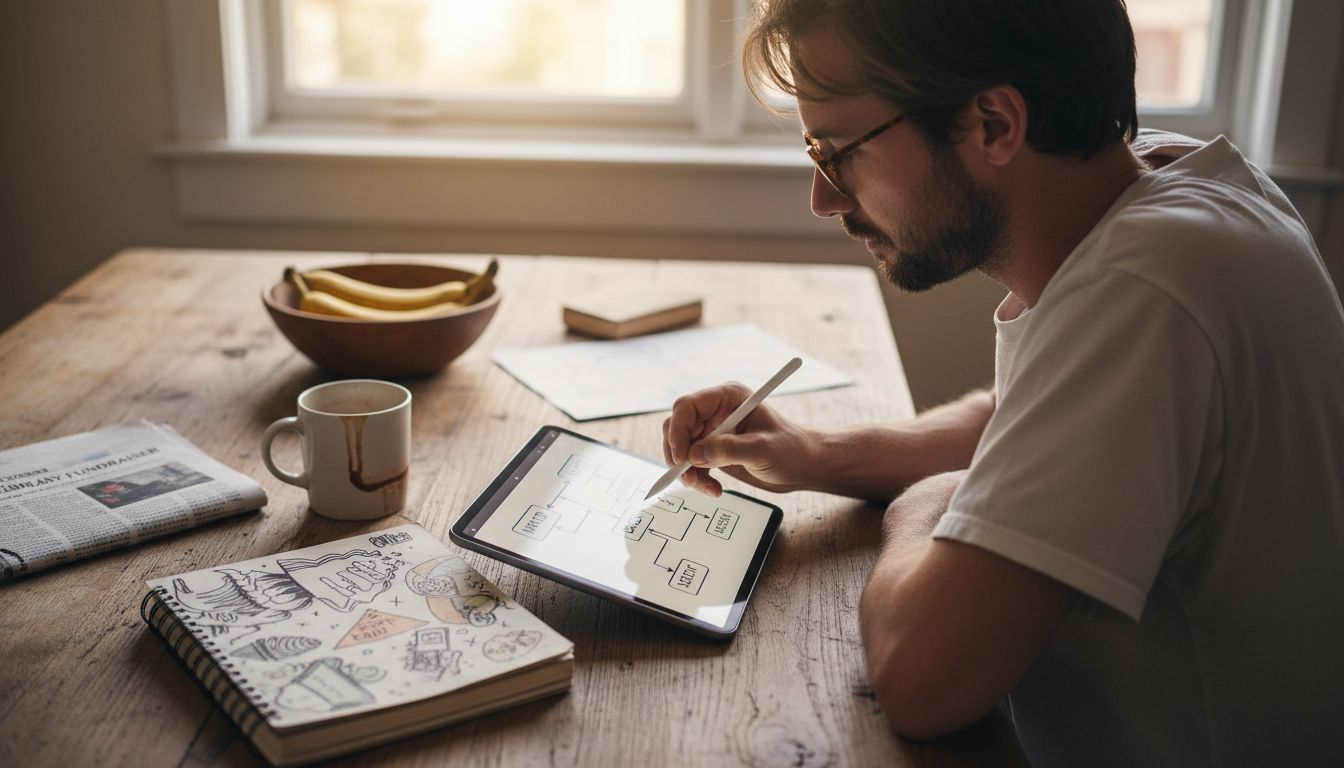 Man using tablet for idea mapping