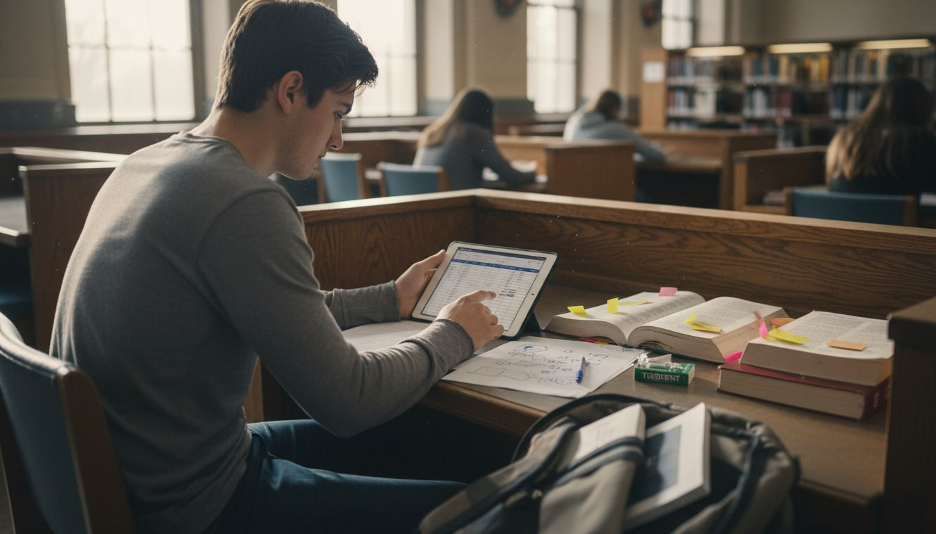 Student planning research at library carrel