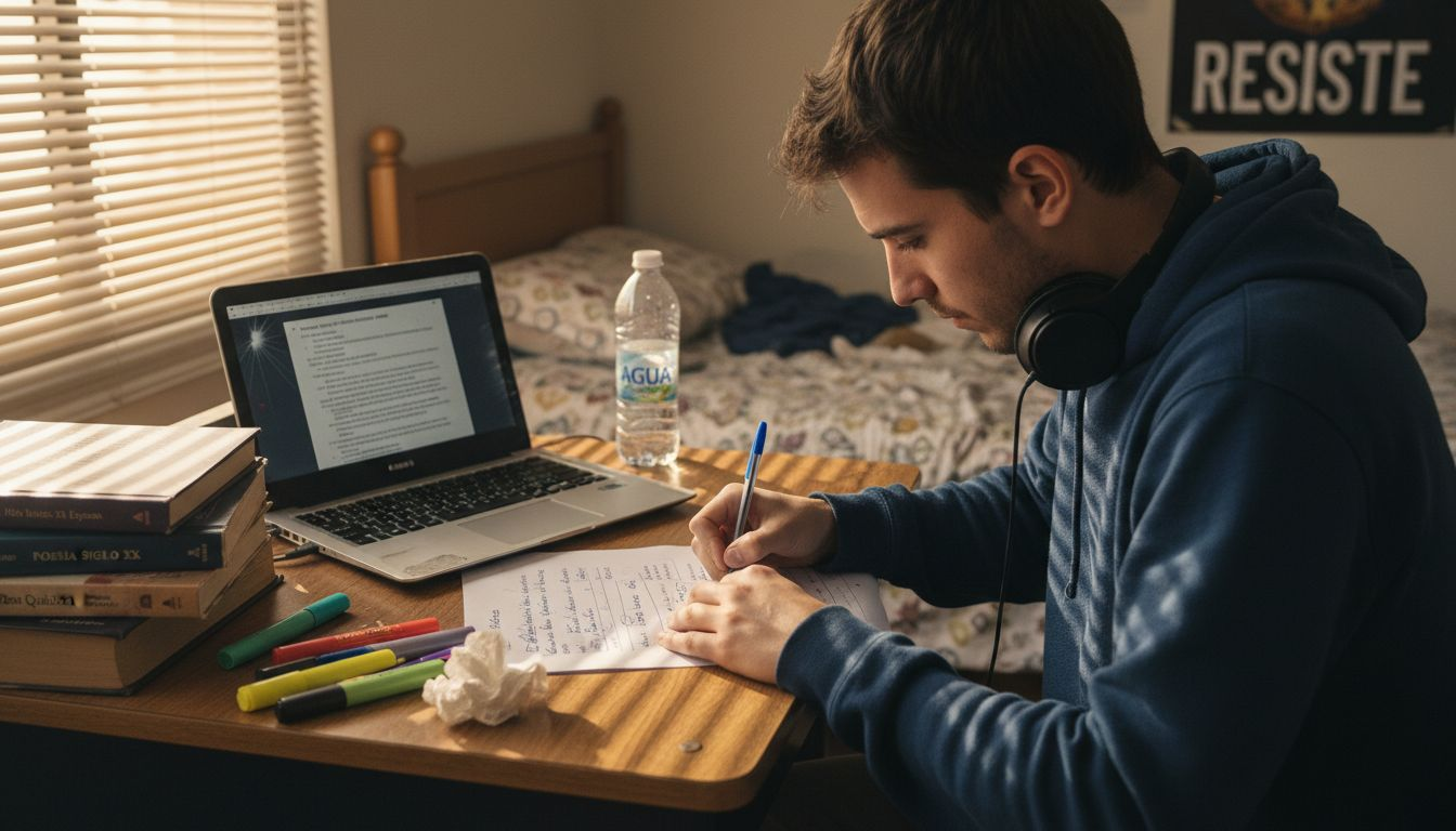 Estudiante revisando su redacción para asegurarse de que las ideas sean claras y el argumento tenga coherencia.