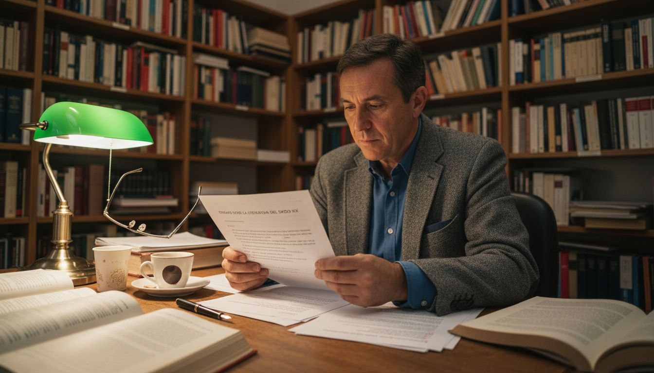 Un profesor corrigiendo un ensayo en su despacho de la universidad.