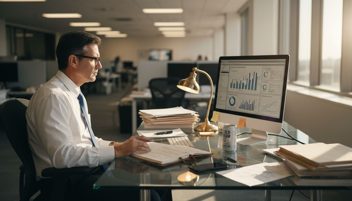 Manager using AI tools at untidy desk