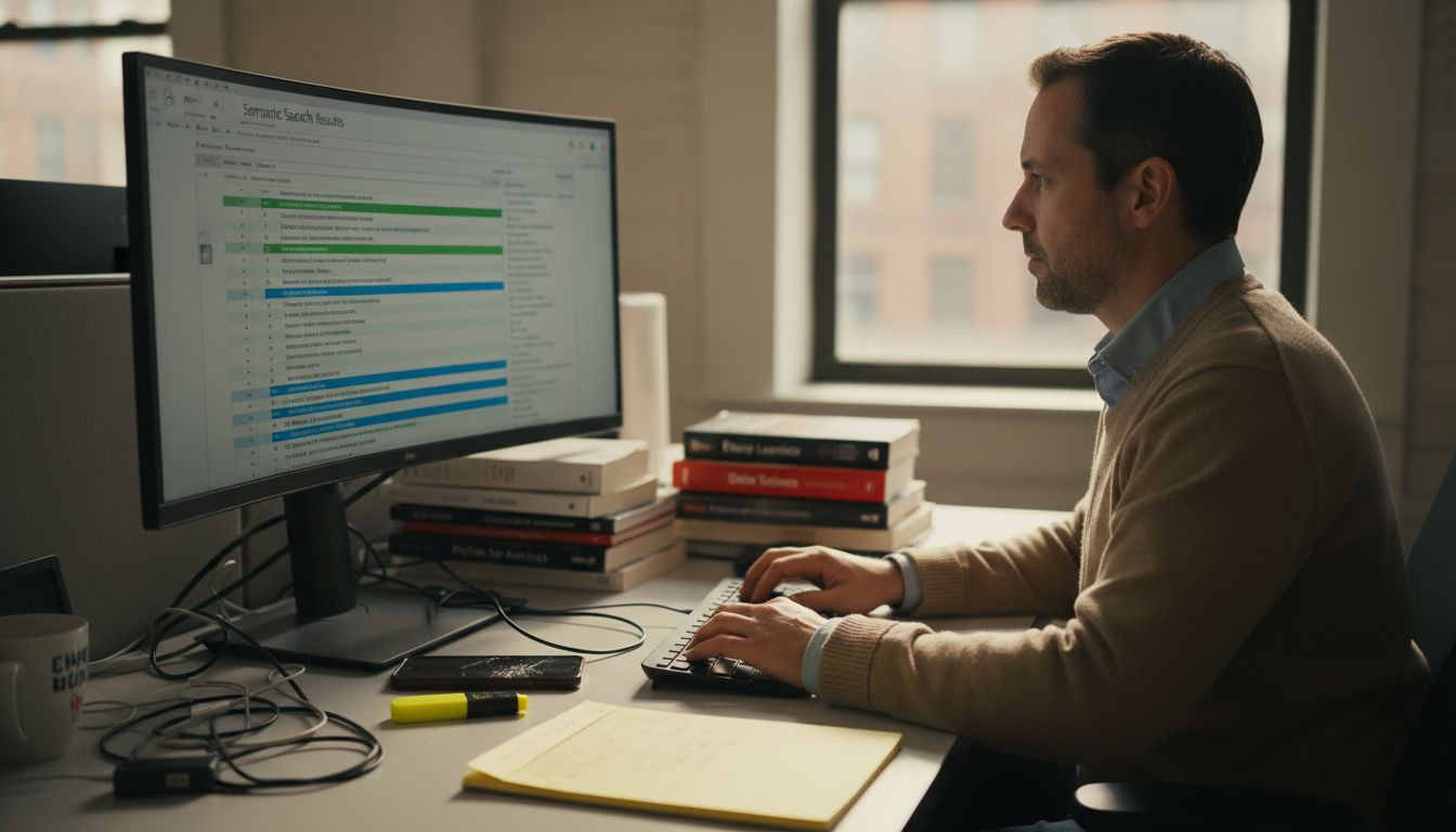 Analyst reviewing AI research data results