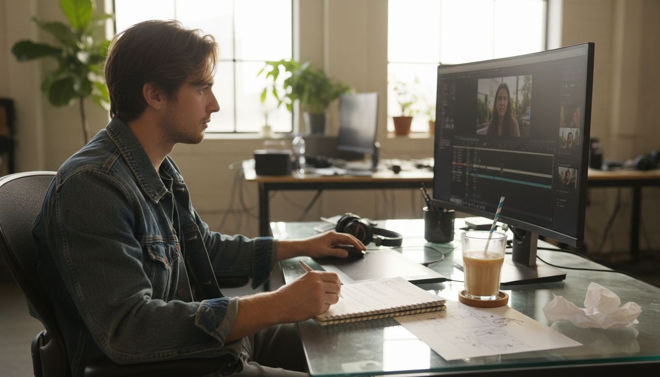 Videographer reviews footage with AI in studio