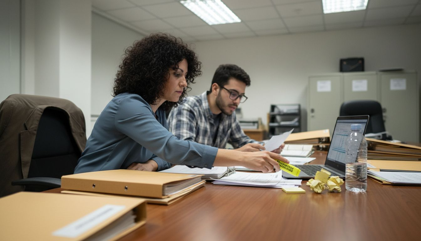El equipo se encarga de organizar y revisar los documentos en papel.