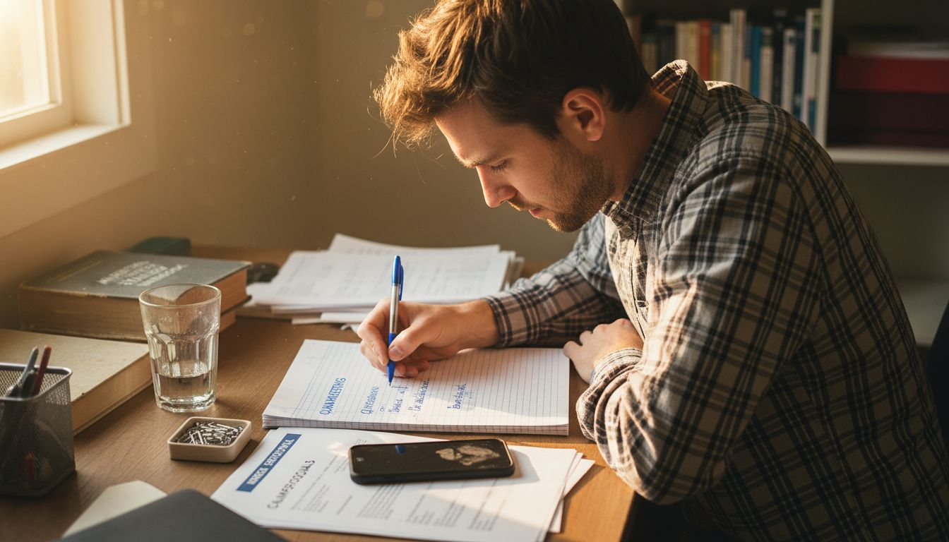 Marketer writing notes on objectives at desk