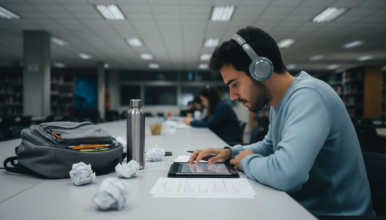 Estudiante universitario revisando su trabajo en una tablet con ayuda de inteligencia artificial