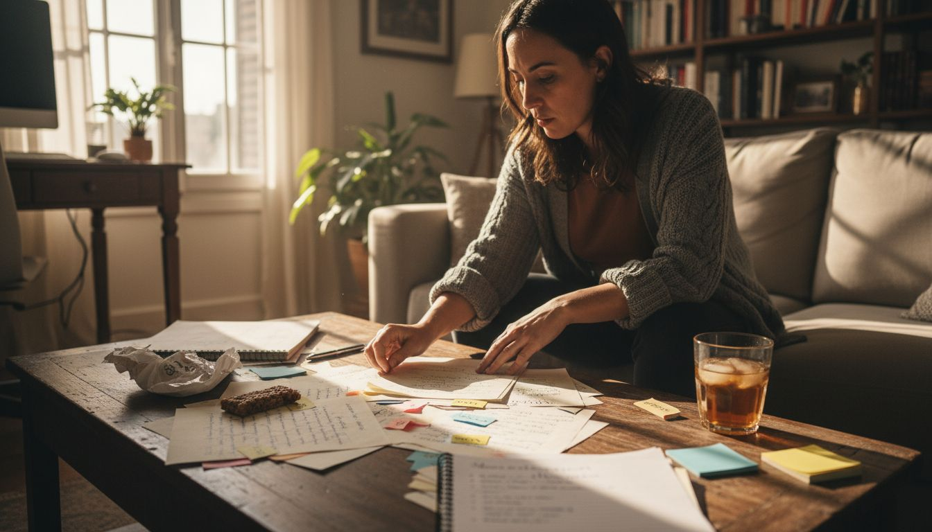 Mujer revisando y organizando apuntes de marketing sobre la mesa