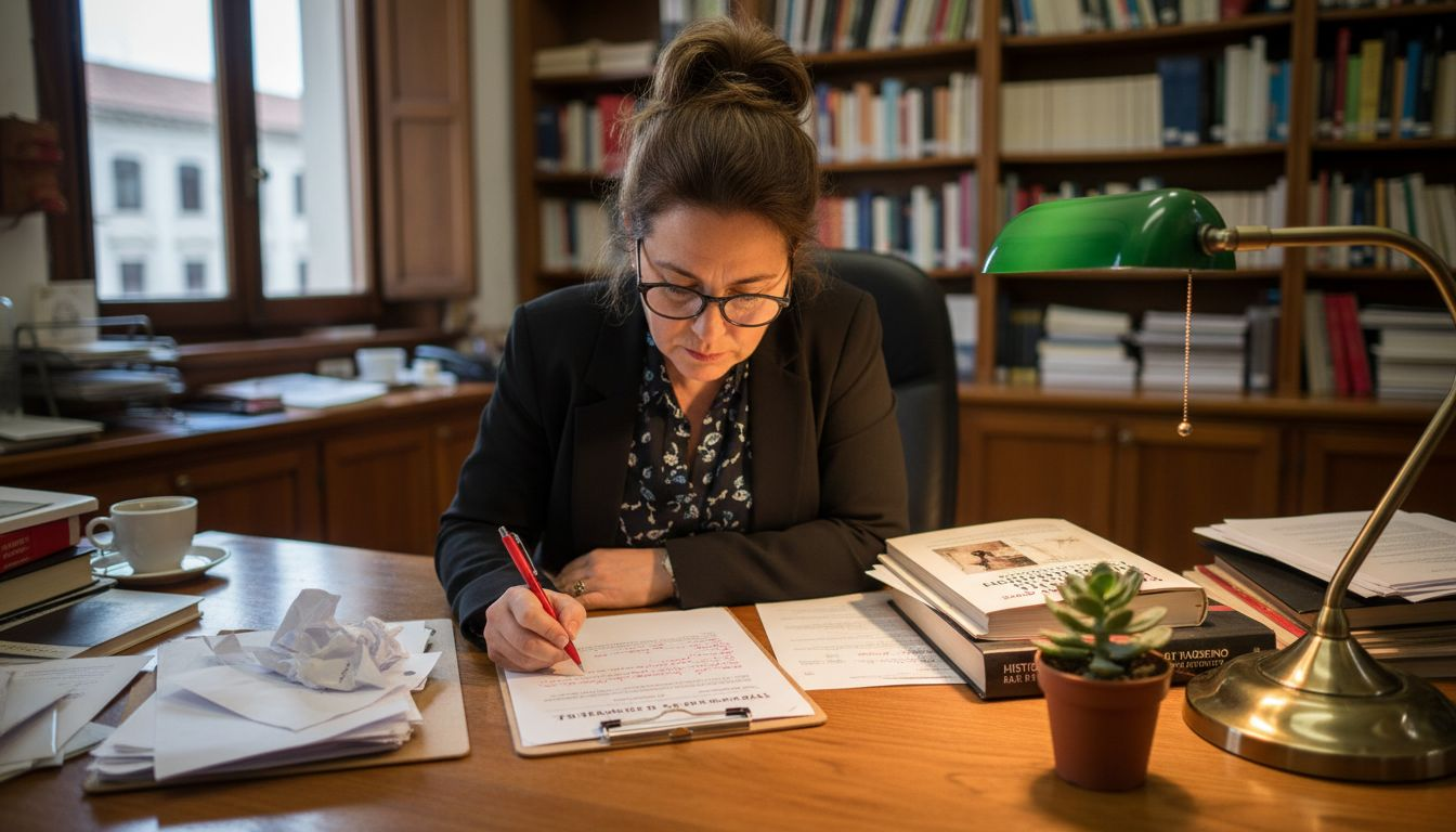 La profesora revisa detenidamente un documento académico con anotaciones.