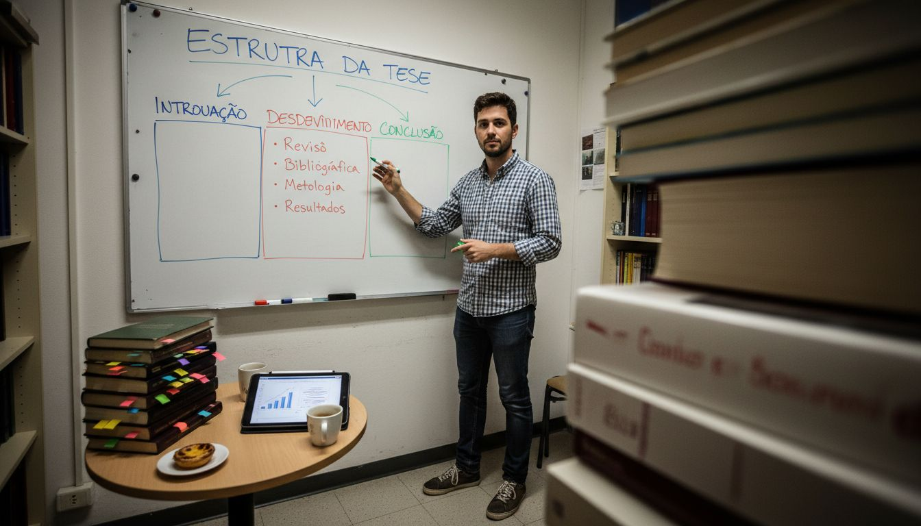 Homem a organizar um texto académico num quadro branco