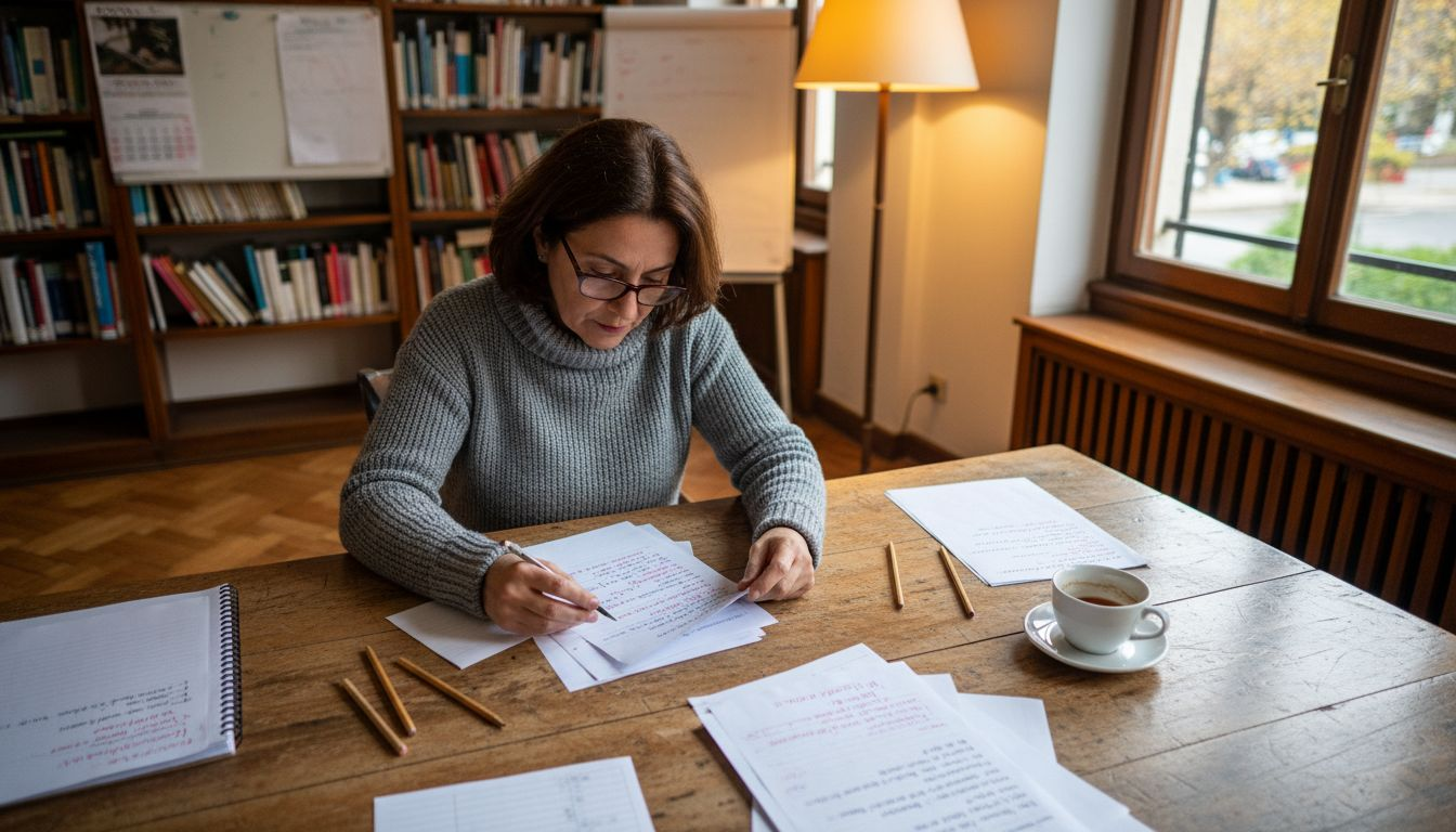 Una profesora revisa exámenes sentada en la sala de profesores.
