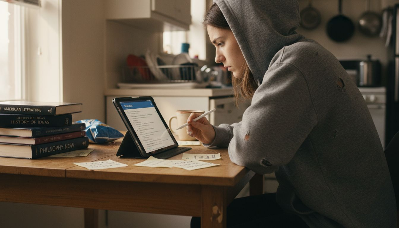 Student editing essay with chat AI in kitchen
