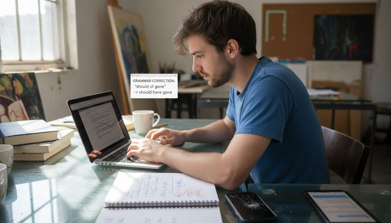 Writer using AI editing software on laptop