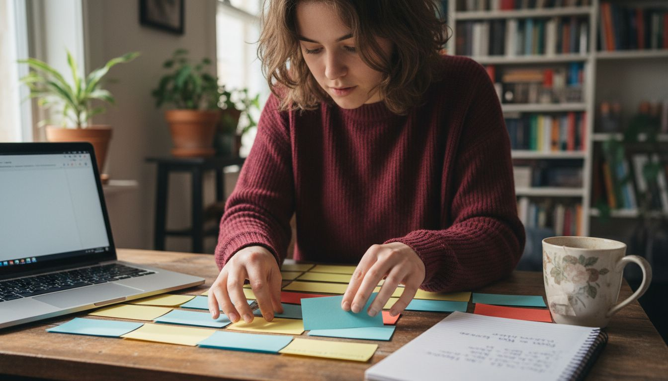 Student organizing essay outline with index cards