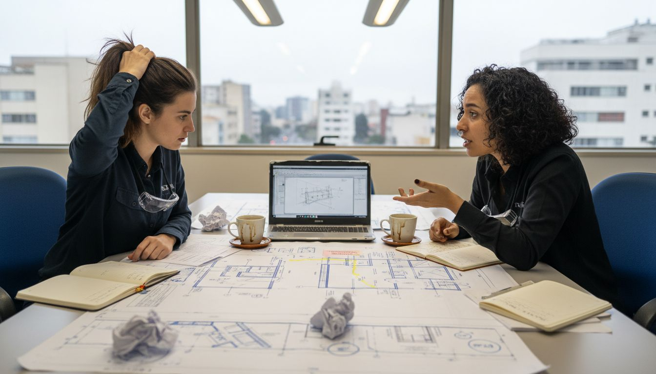 Engenheiros a analisar plantas e projetos durante uma reunião à mesa.