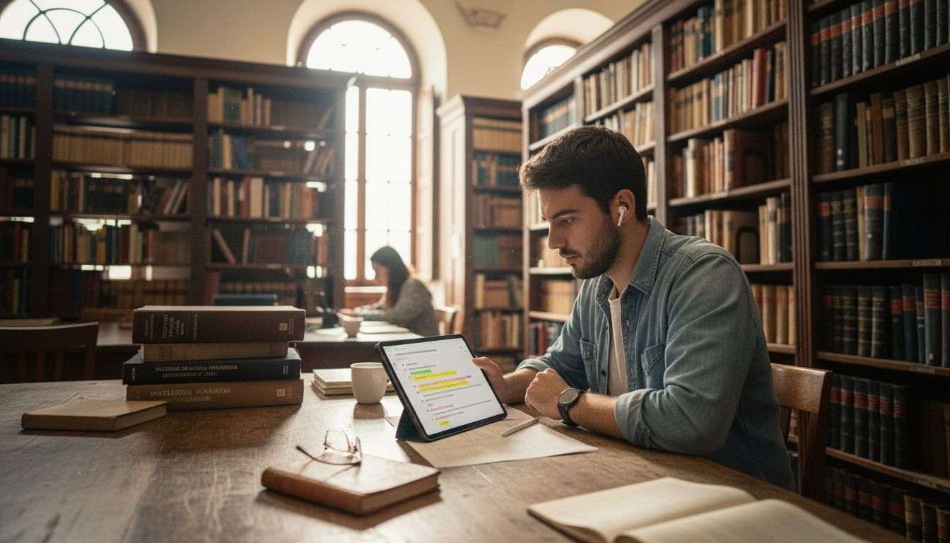 Aluno a rever apontamentos na sala de leitura da biblioteca da universidade