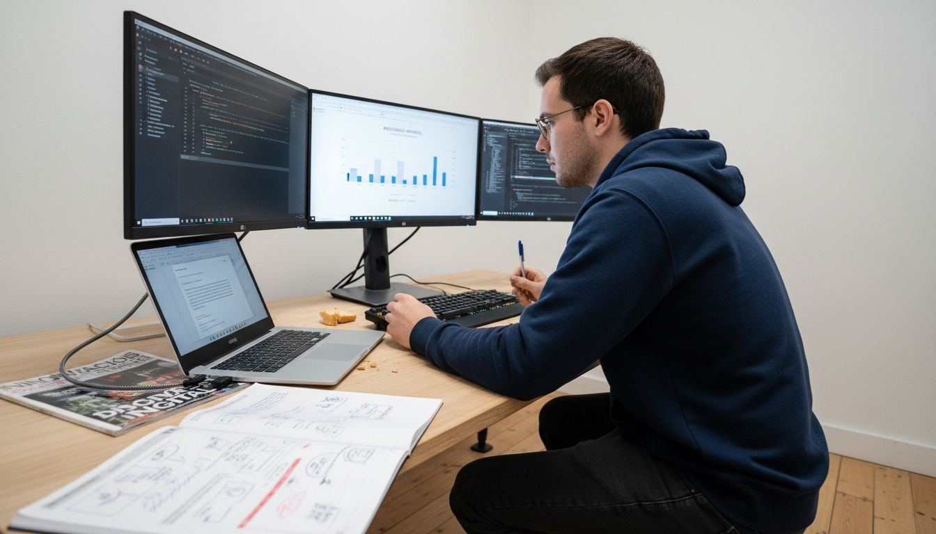 Un hombre revisa diferentes herramientas de inteligencia artificial para trabajar con textos.