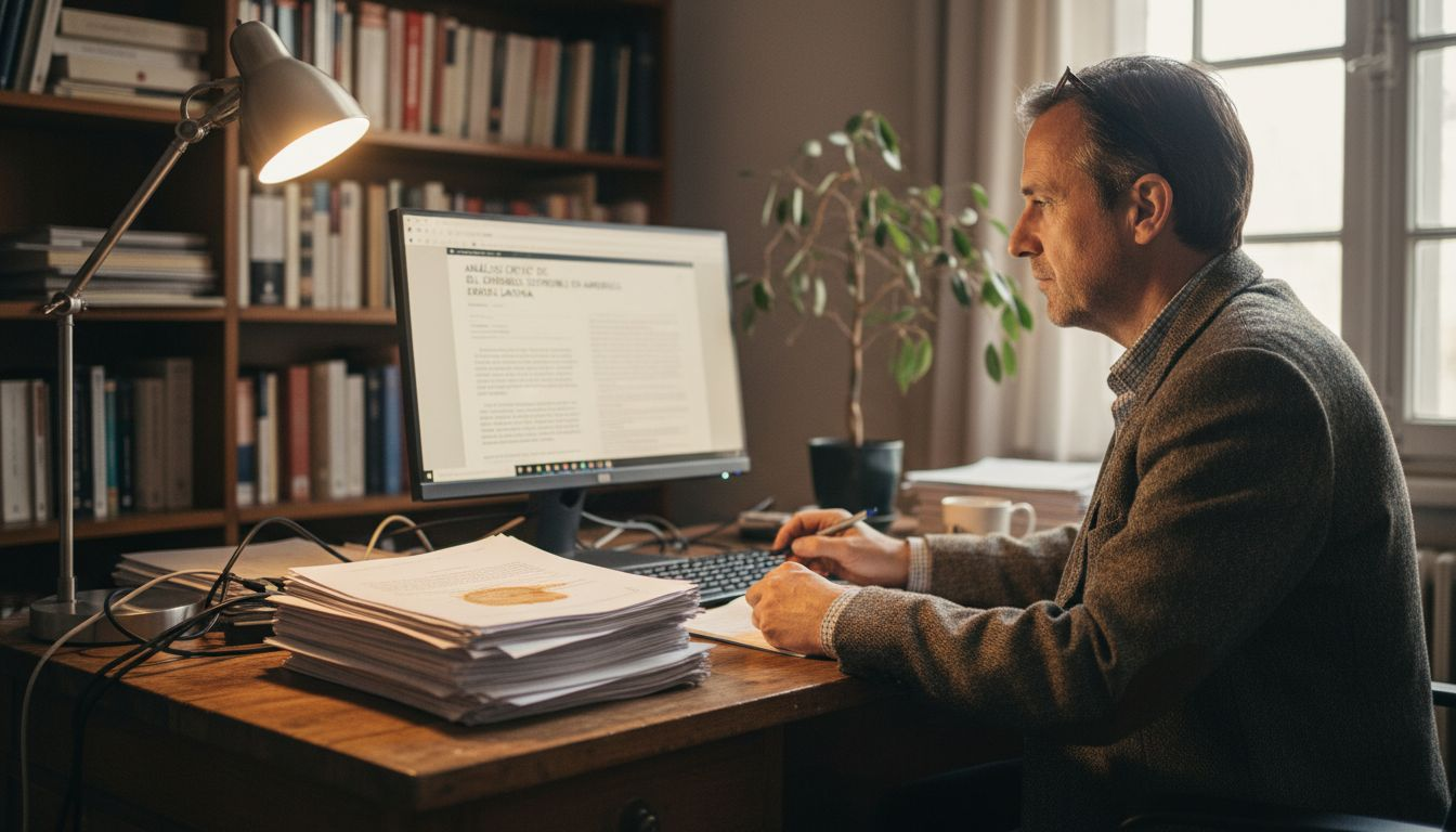 Docente evaluando trabajos académicos con ayuda de inteligencia artificial