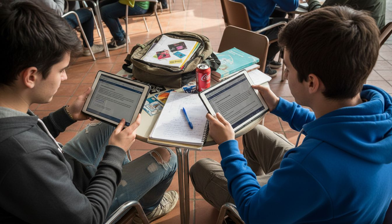 Un grupo de jóvenes trabaja en sus proyectos con programas de escritura mientras disfrutan de un café.