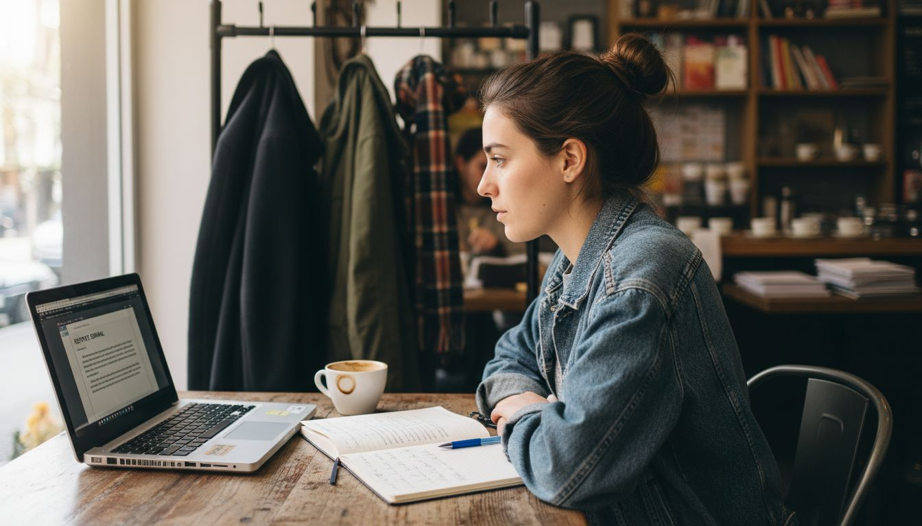 Una escritora trabaja desde una cafetería utilizando una plataforma SaaS.