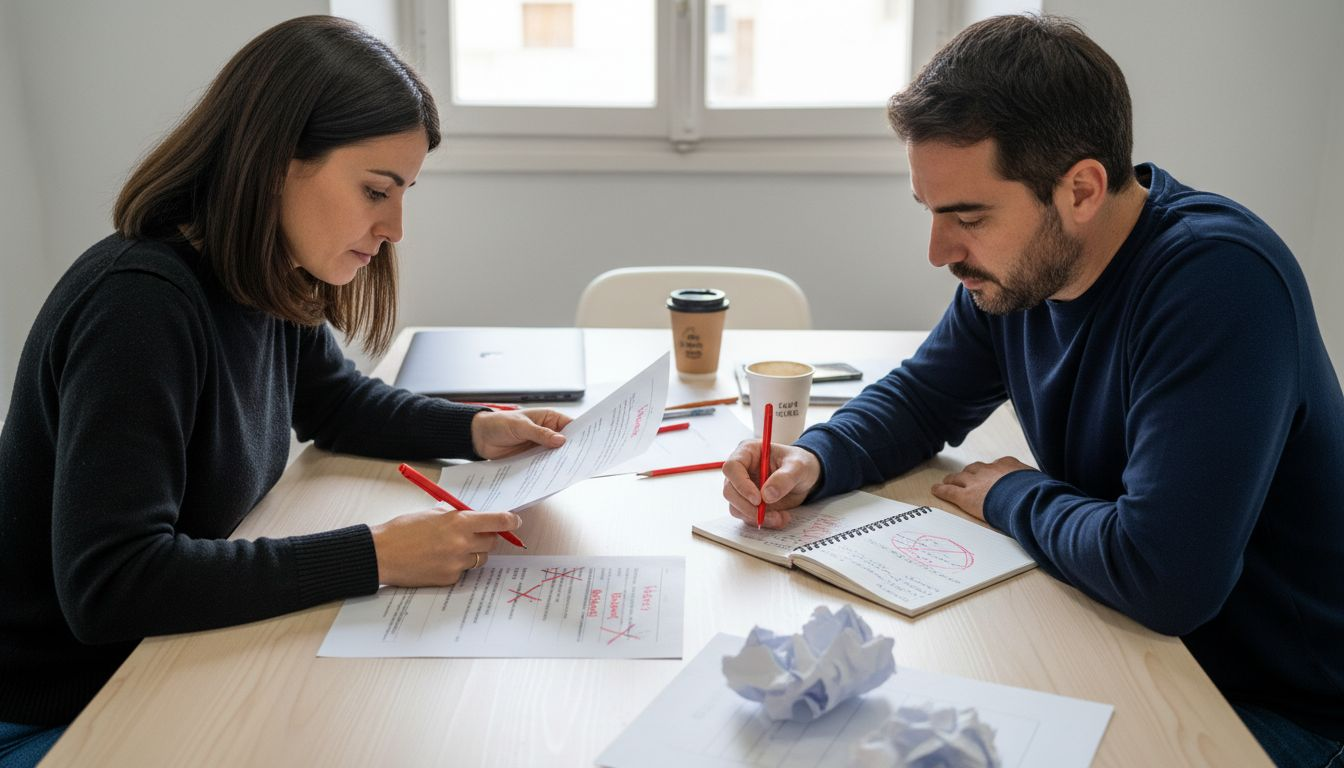 Equipo de traductores revisando juntos el borrador