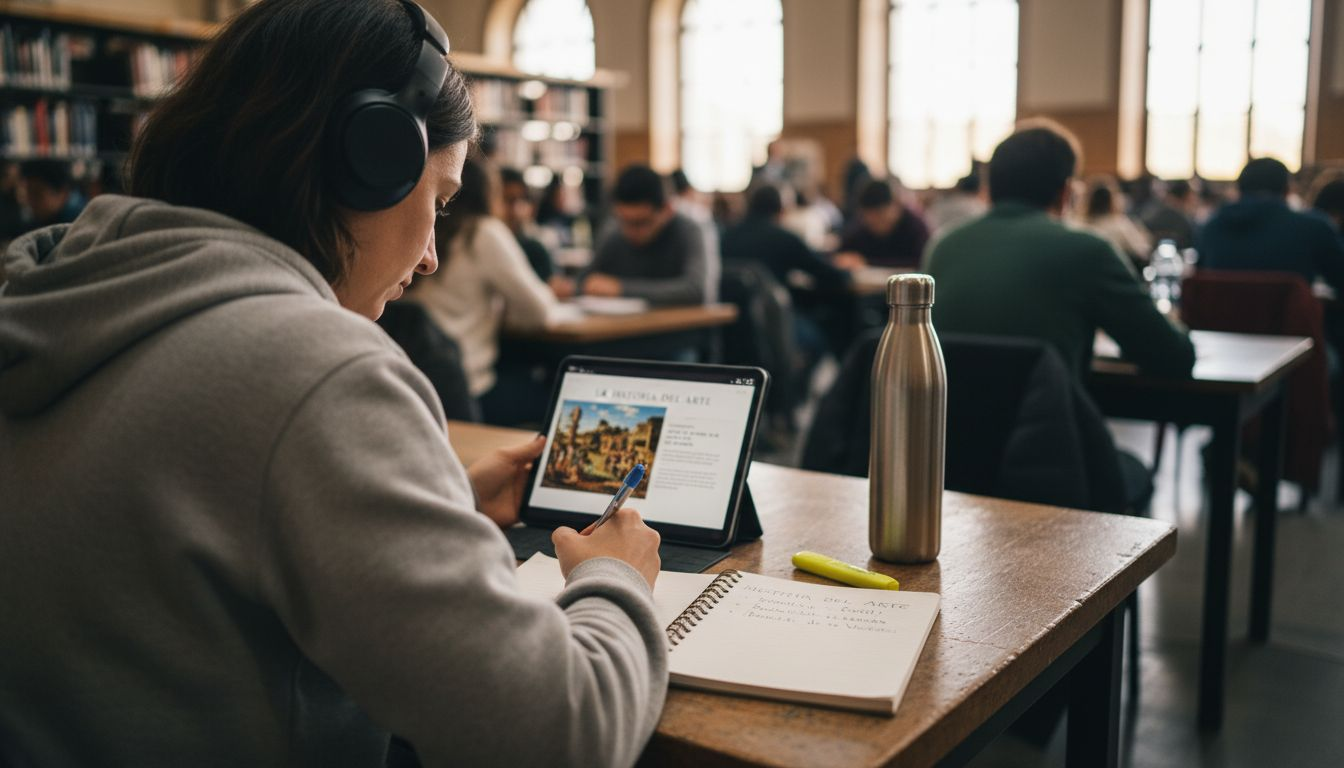 Un estudiante aprovecha la inteligencia artificial para resumir textos mientras estudia en la biblioteca.