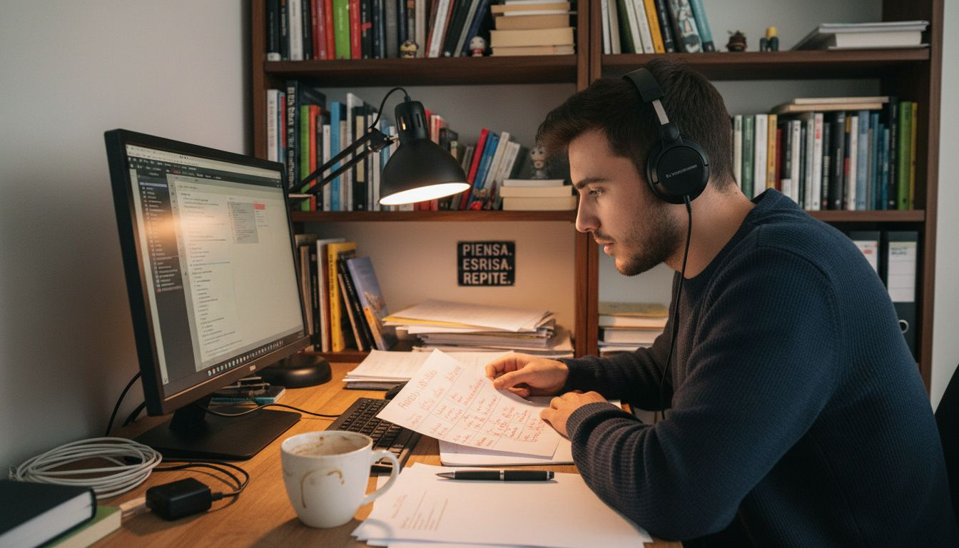 Un editor corrigiendo un manuscrito a mano mientras trabaja frente al ordenador.